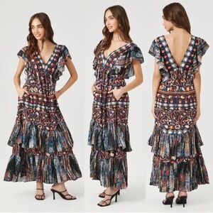 Forever 21 Women's Ornate Floral Tiered Ruffle Maxi Dress in Blue/Orange Small